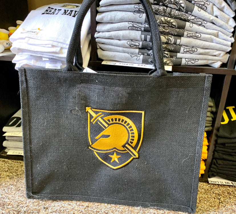 Burlap Tote: Athena Shield Embroidered (Black)