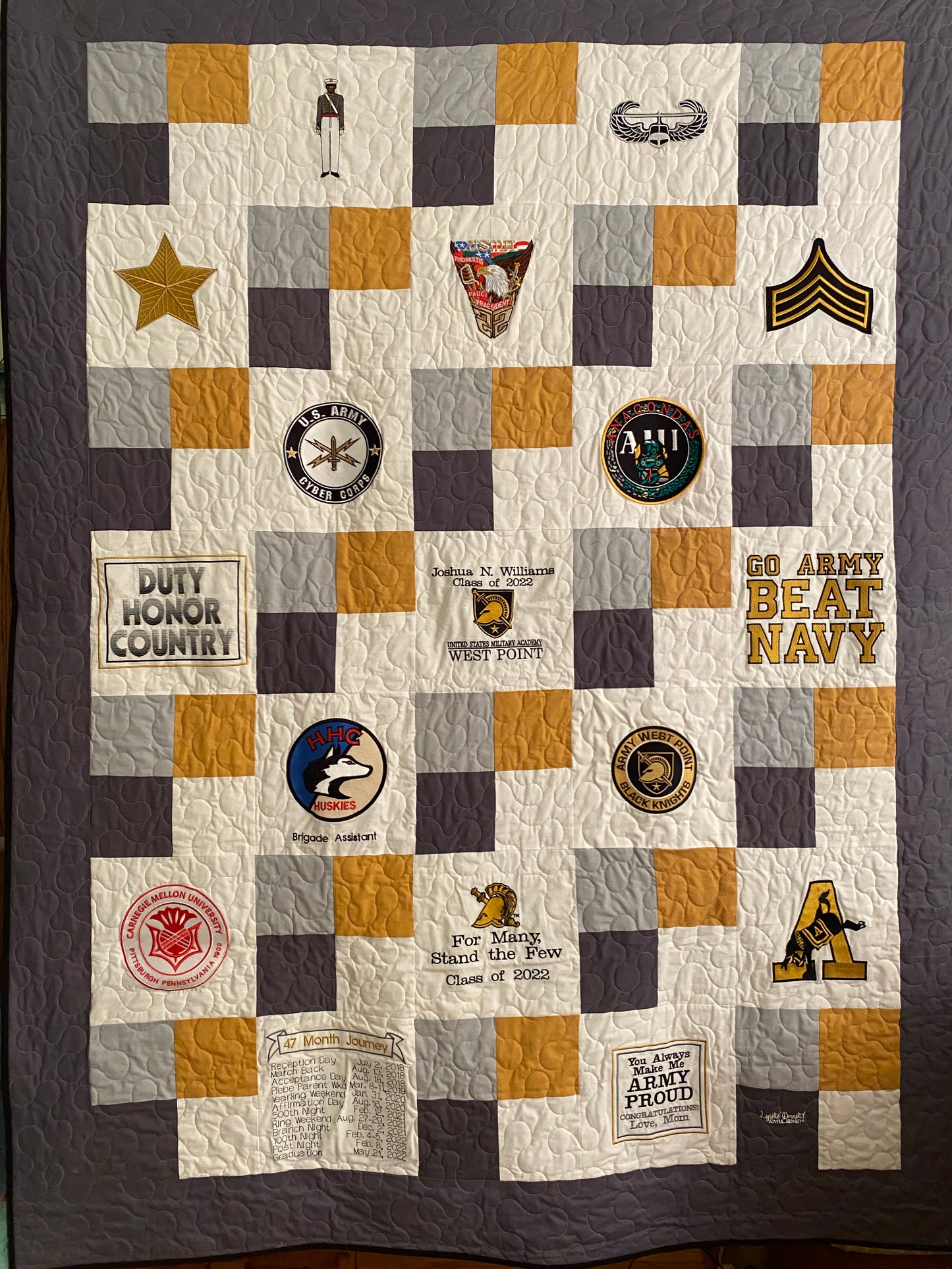 West Point Custom 47 Month Journey Quilt -  Handmade Embroidered - All American Made Fabrics